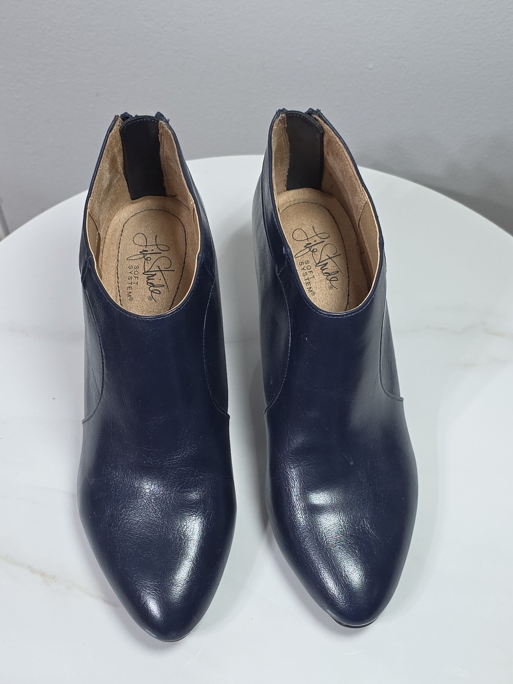 Life Stride Navy Pointed-Toe Leather Ankle Booties